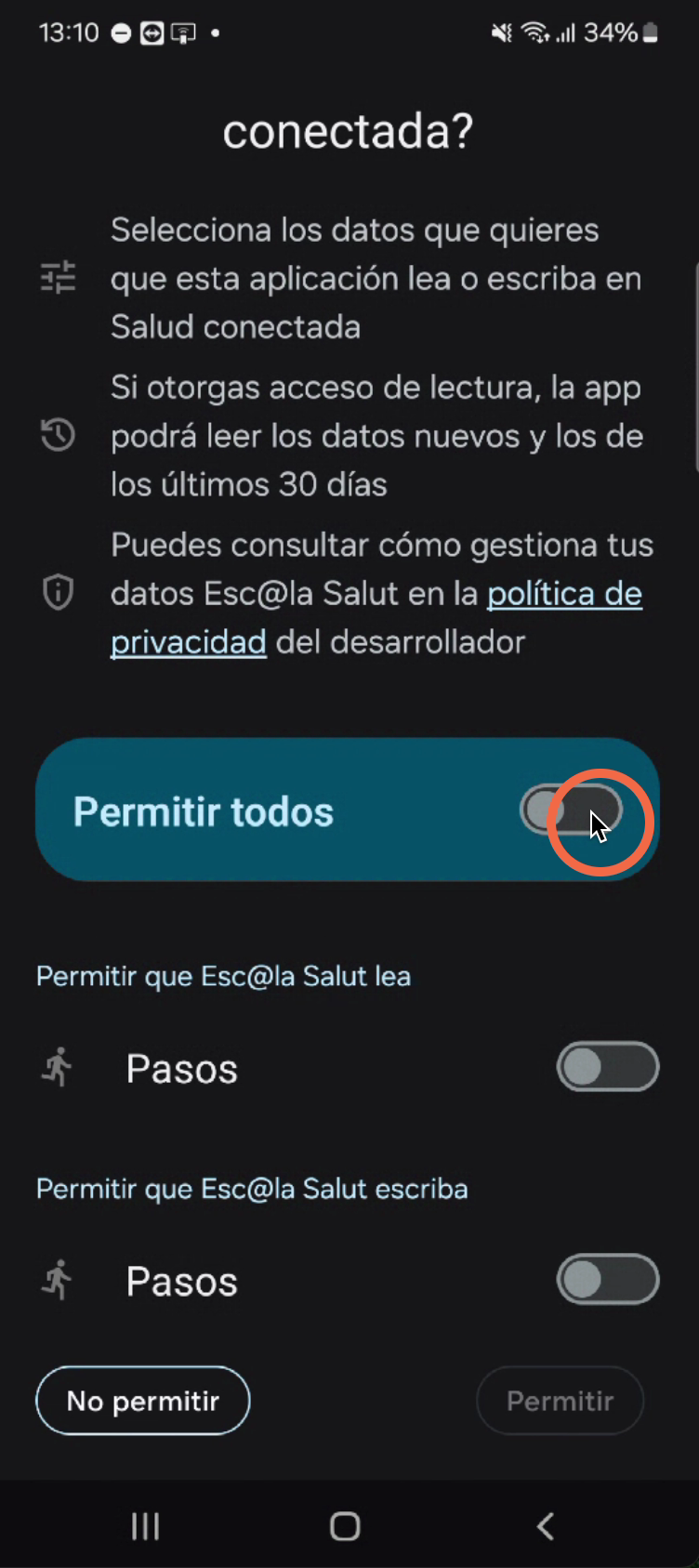 En esta pantalla de Salud Conectada o Apple Health seleccionaremos los datos que permitimos que Esc@la Salut lea. Solo se accede a los pasos por lo que activamos el selector de Permitir todos.