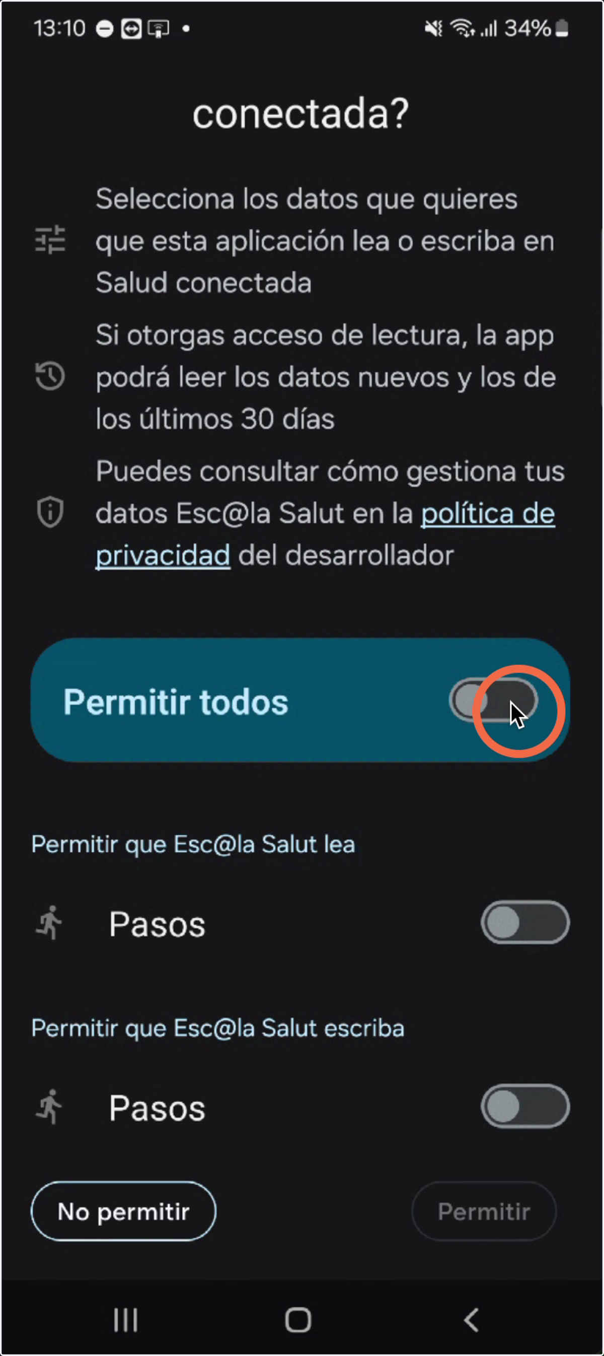 En esta pantalla de Salud Conectada o Apple Health seleccionaremos los datos que permitimos que Esc@la Salut lea. Solo se accede a los pasos por lo que activamos el selector de Permitir todos.