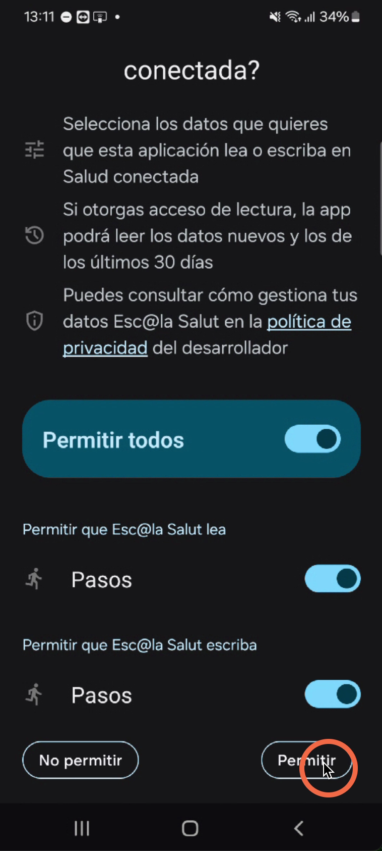 Pulsamos en Permitir para confirmar la selección