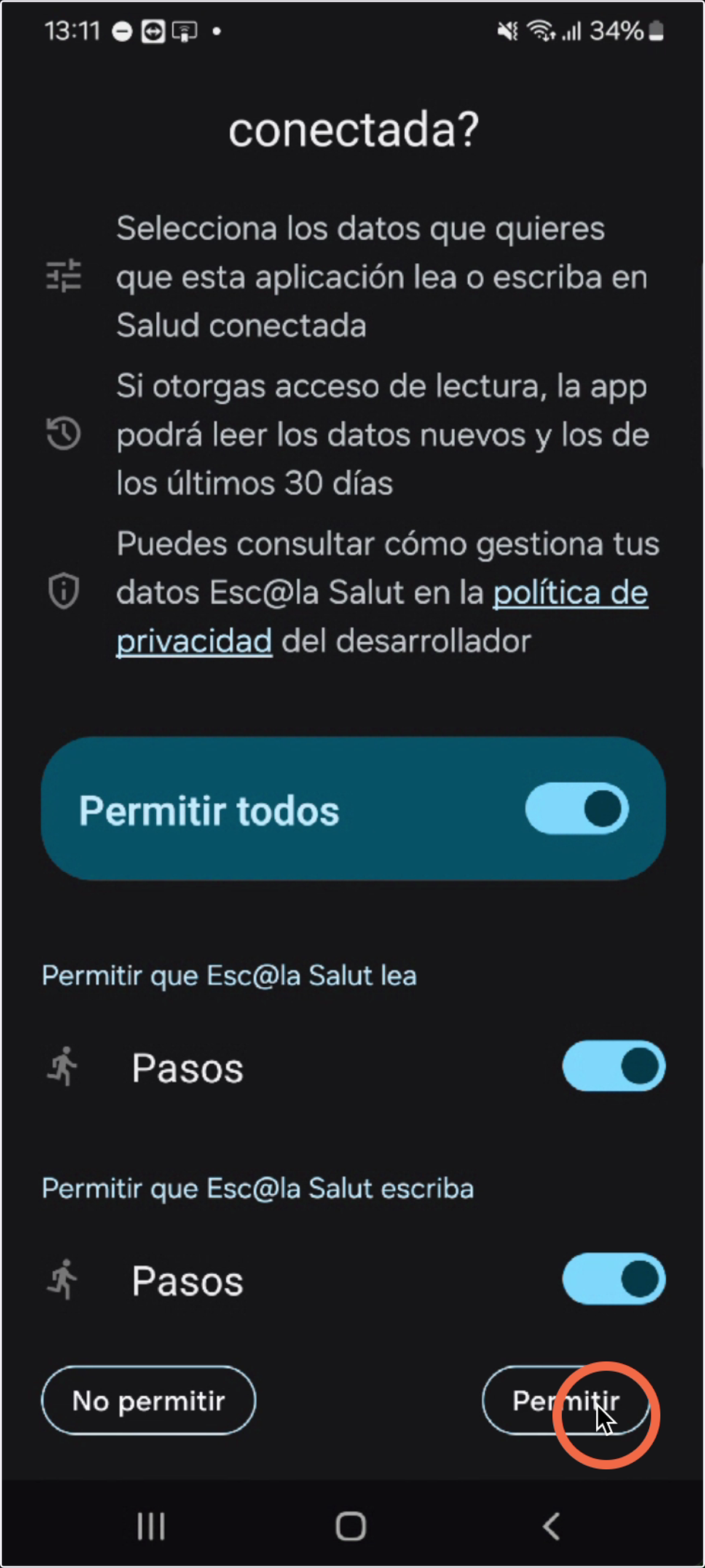 Pulsamos en Permitir para confirmar la selección