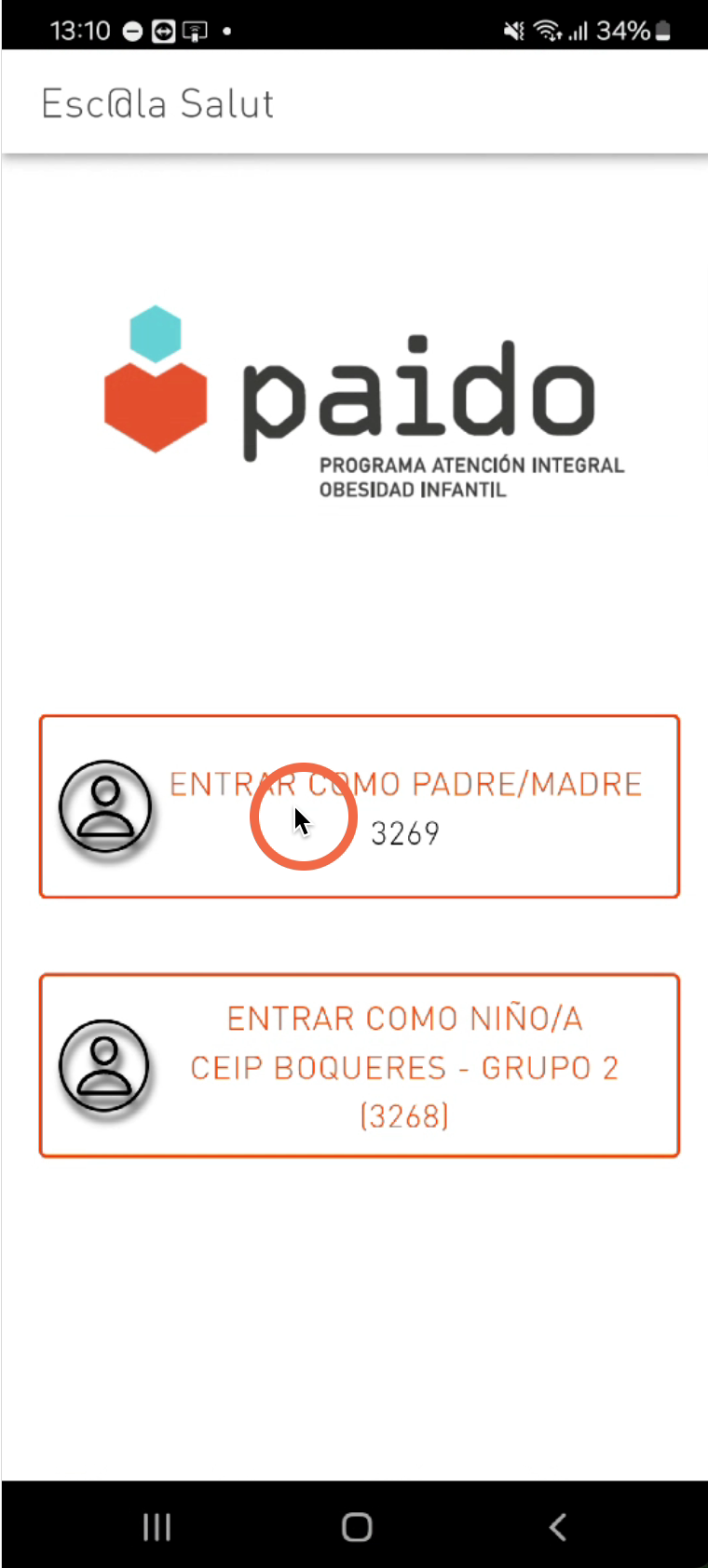 Llegamos a la pantalla de selección de usuario. Para continuar con la configuración pulsaremos en entrar como padre/madre