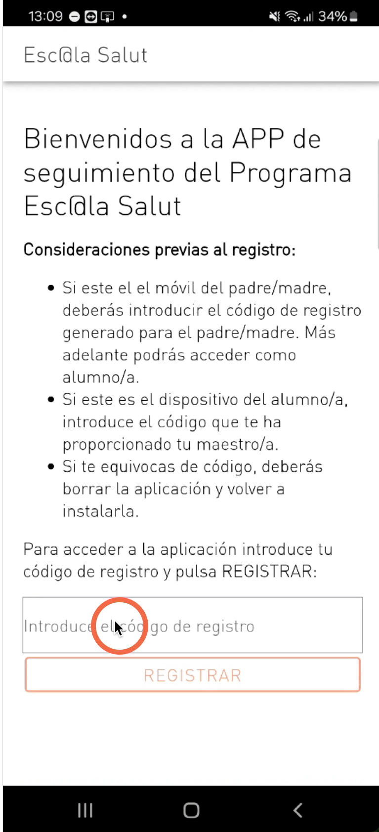 Introduciremos ahora el código de registro que nos han proporcionado y pulsaremos sobre registrar.