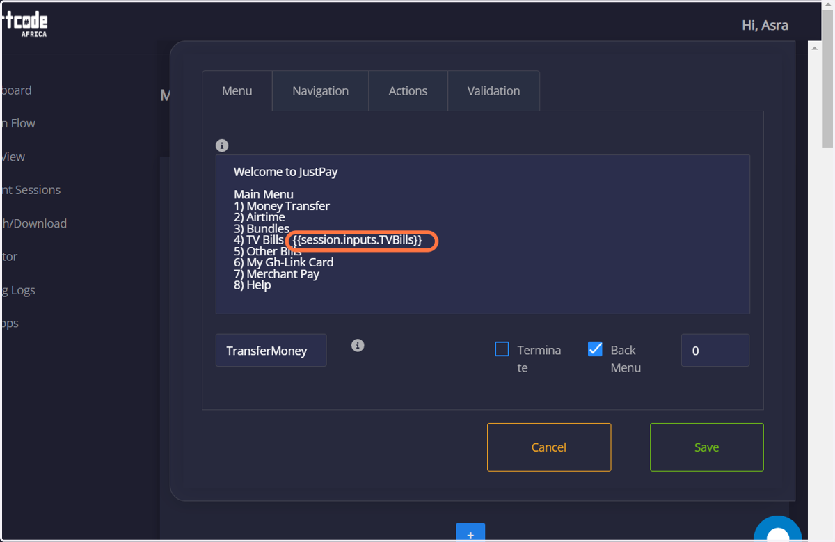 This is a session variable copied from above to paste in to a menu list. After copying a session variable on to a menu item, click on save.