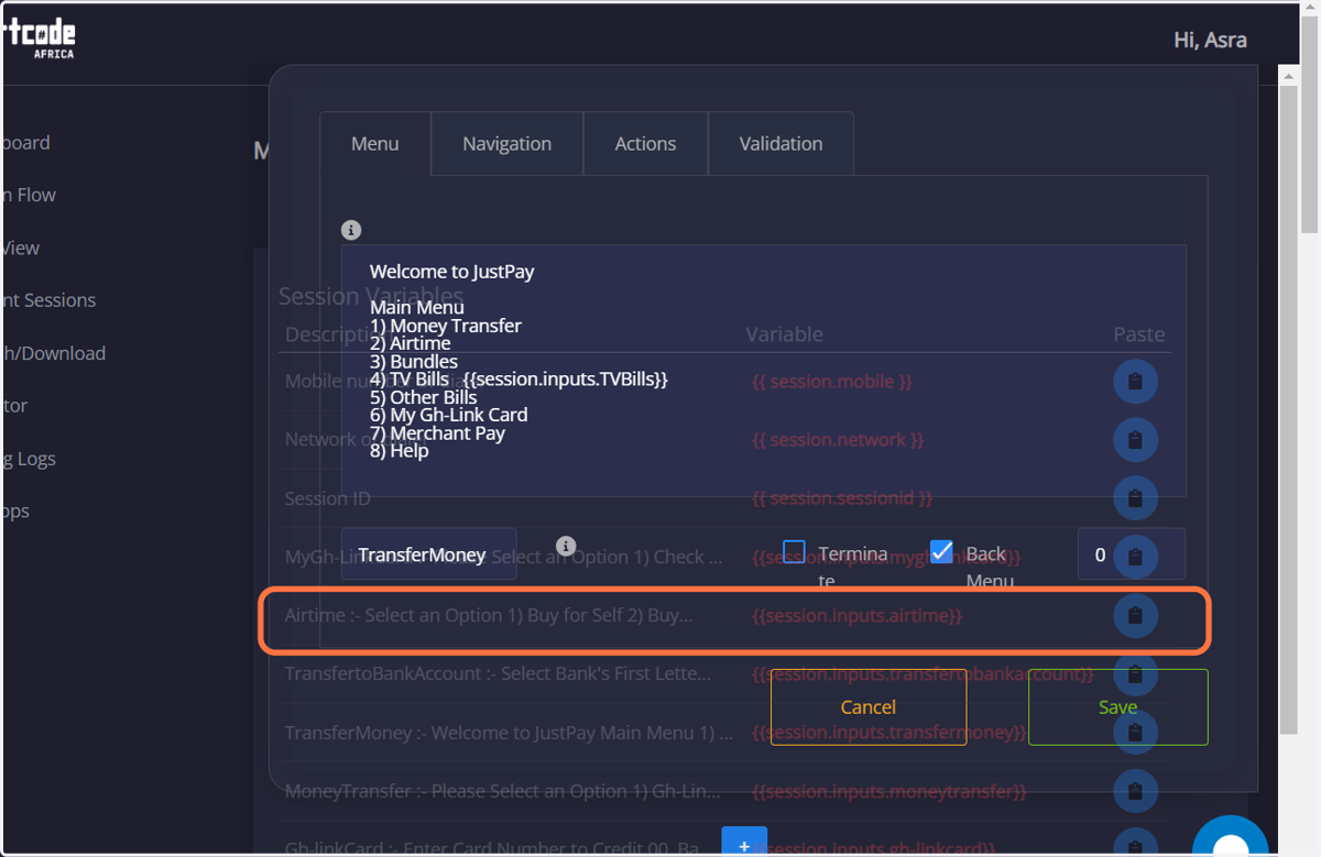 Session Variables are a list of menu variables which can be copied unto a menu and triggered during process of navigation. The modal shows a list of menus, variables copied as ( the text in red) session variables and a "paste" to copy the session var