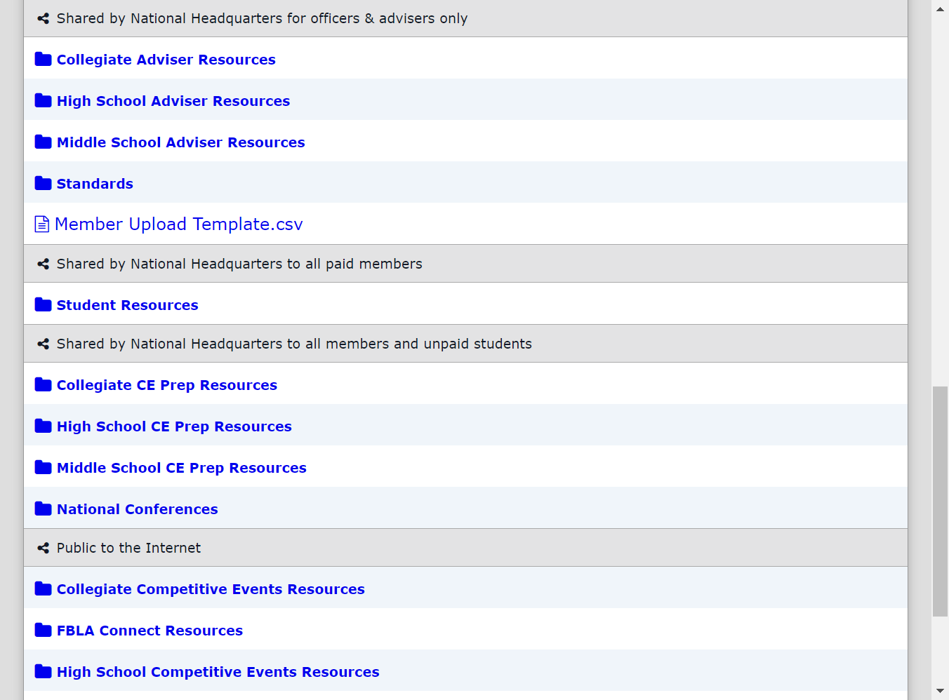 Scroll down the page to each division