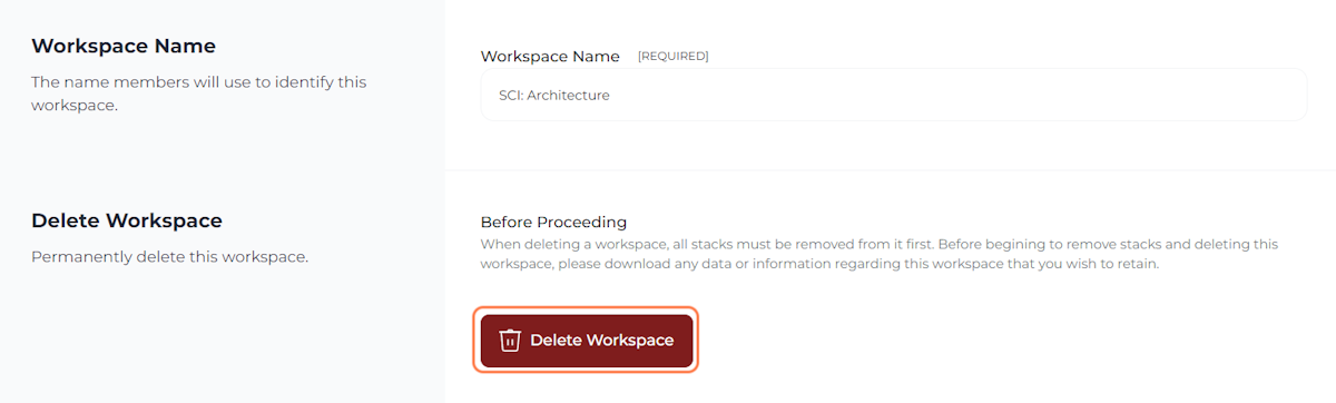 To delete a workspace, click Delete Workspace.