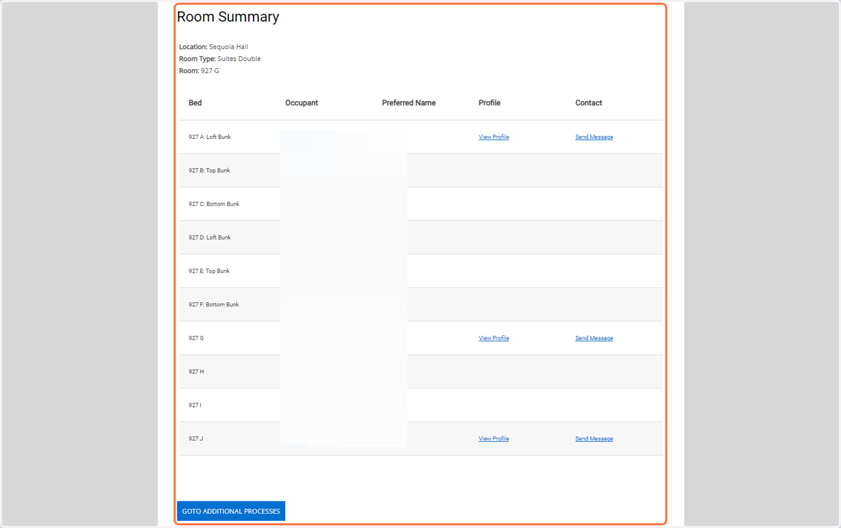 Congratulations on selecting your room, this page is the Room Summary where you can view your roommate profile and send messages