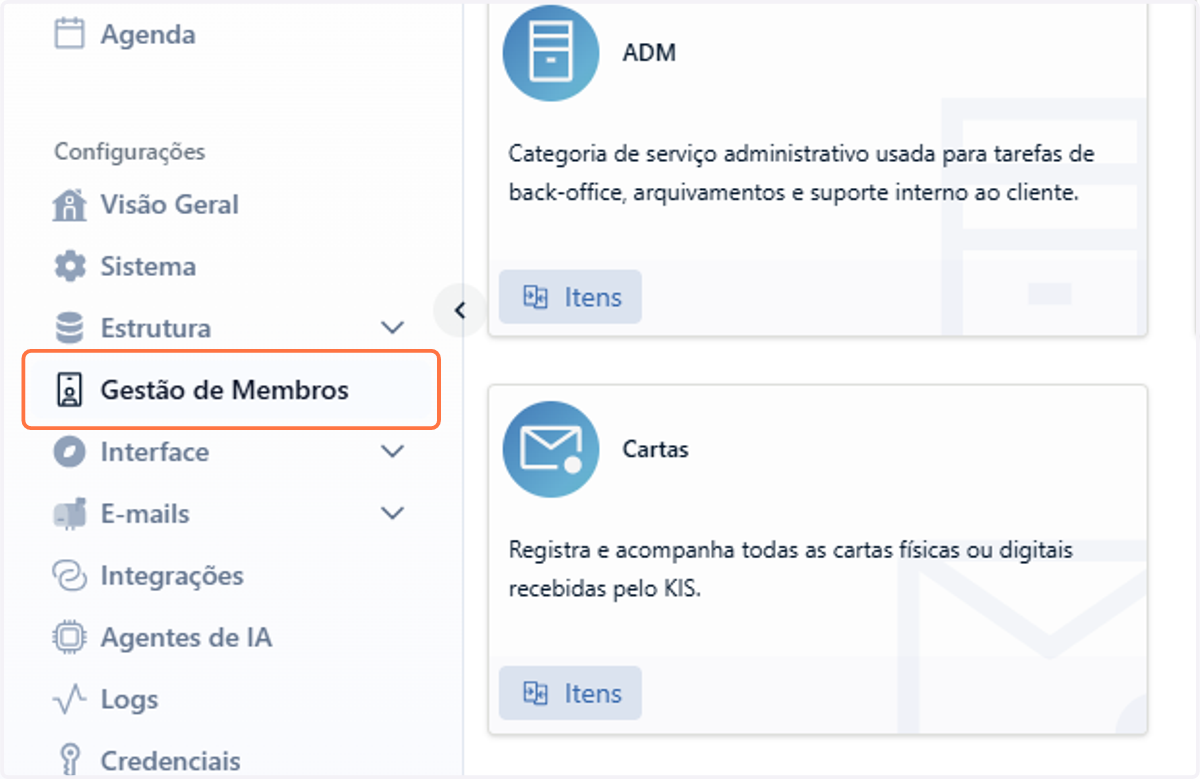 No menu lateral esquerdo, na seção configurações, clique em Gestão de Membros