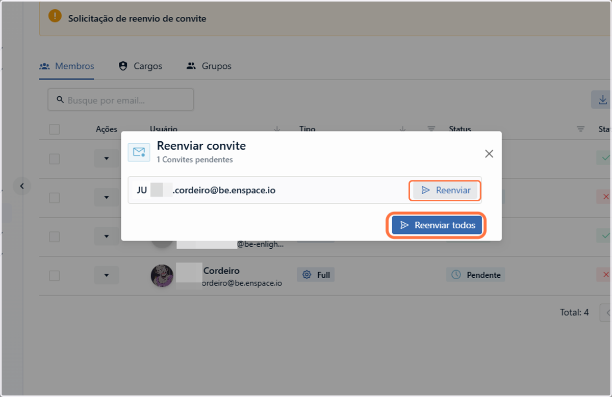 Você poderá escolher se gostaria de reenviar um convite específico, ou, caso haja mais de um convite pendente, reenviar todos.