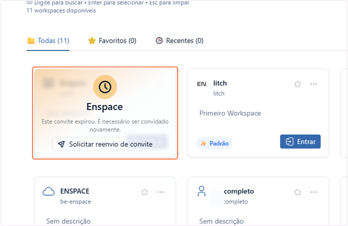 Caso seja convidado para um workspace e não aceite o convite dentro do período de 1 mês, o mesmo expira e o sistema exibe uma mensagem de "convite expirado"