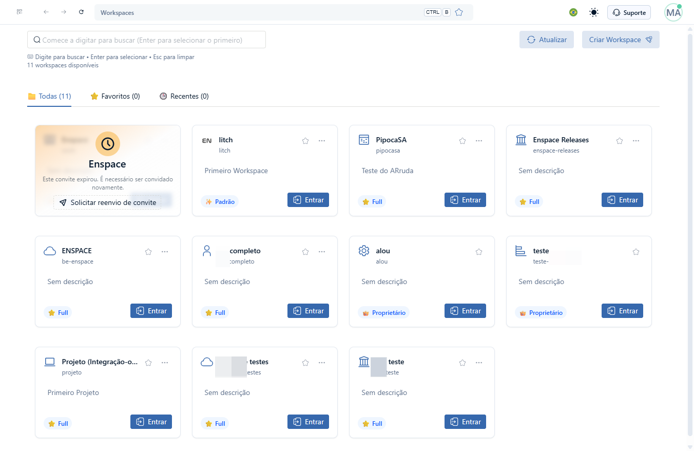 Acessando o ENSPACE, você verá uma tela com todos os seus workspaces disponíveis