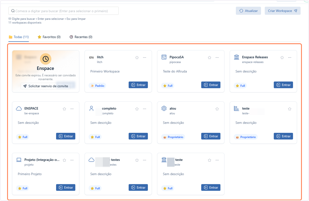 Acessando o ENSPACE, você verá uma tela com todos os seus workspaces disponíveis