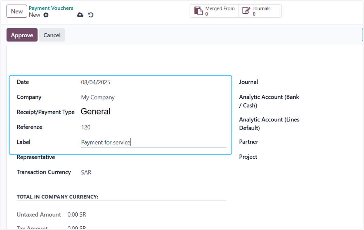 Selecting the type and writing the reference and label