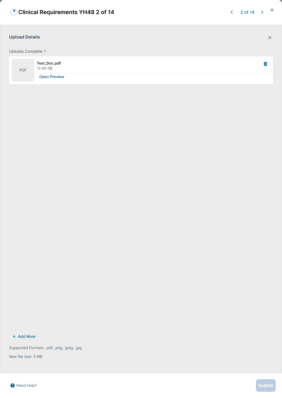 To ensure you've uploaded the correct document, click "Open Preview" to view the attachement prior to submission.