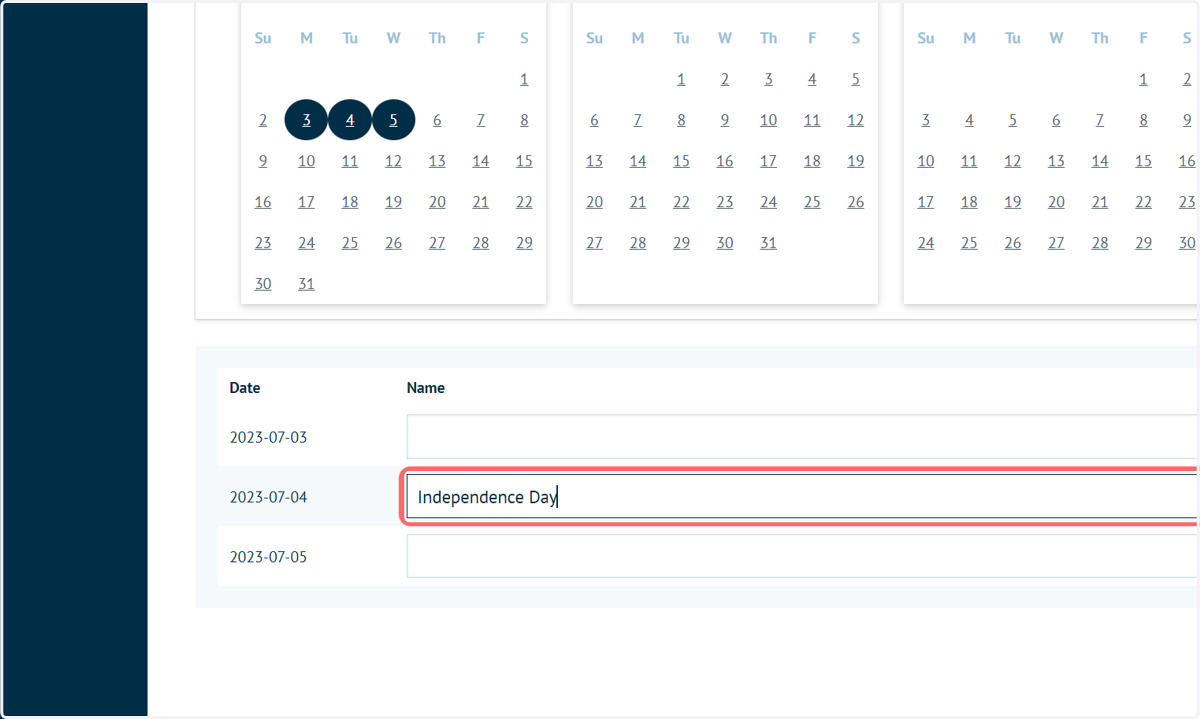 You can identify designated days by the blue circles, and you can name the days and mark them as recurring, meaning that they will be taken into account each year.