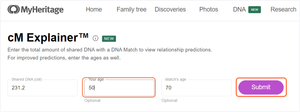 Enter the ages or approximate ages of the people you are comparing. Then click the Submit button.