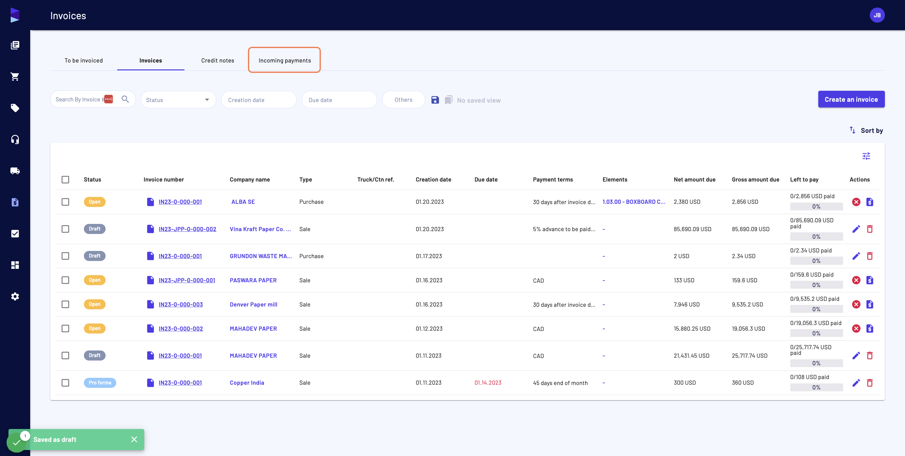 In the "Invoice" menu, click on "Incoming payments"
