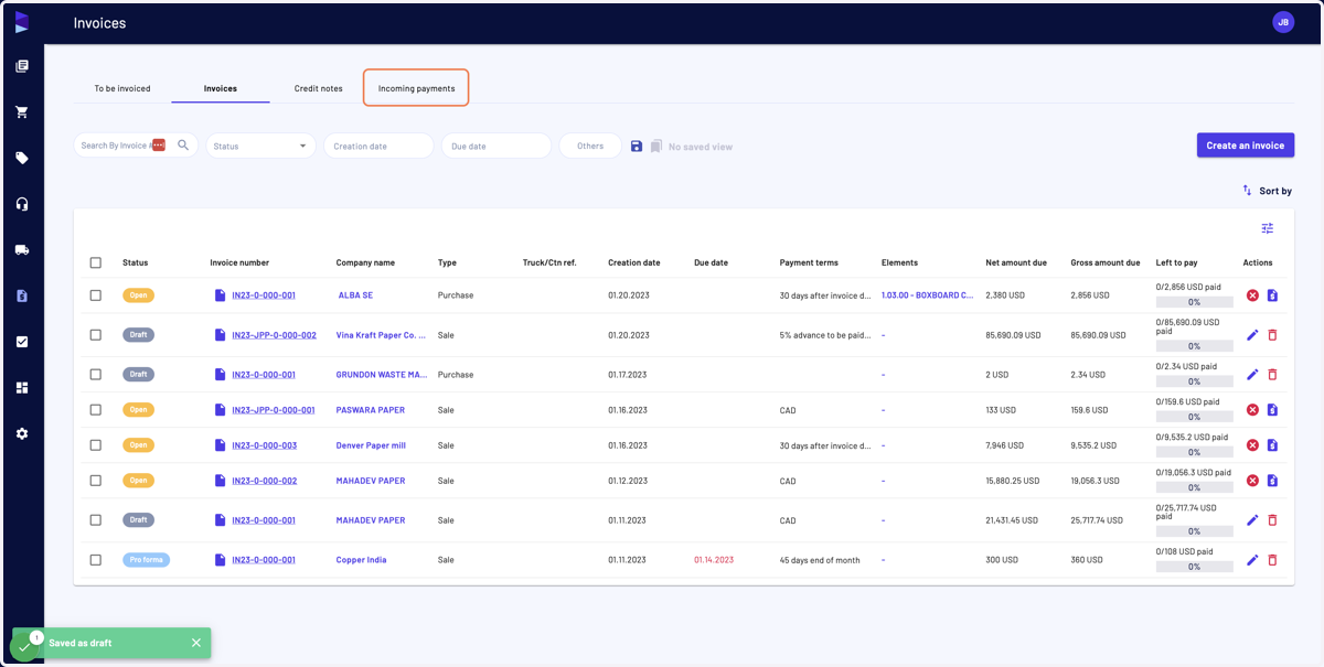 In the "Invoice" menu, click on "Incoming payments"
