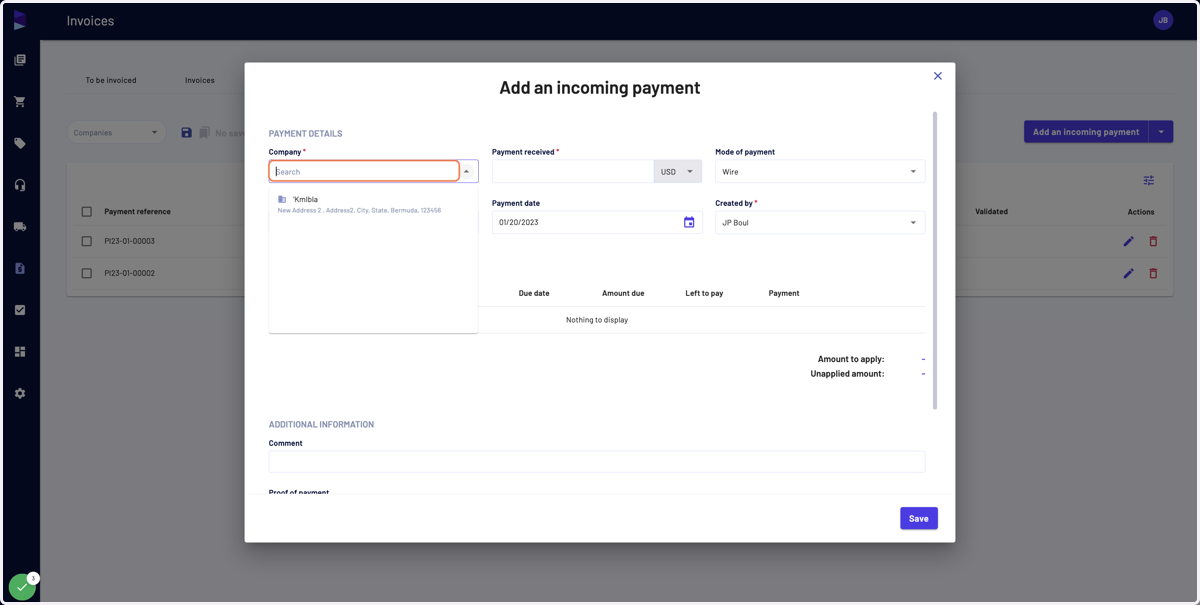 Select the company that made the payment
