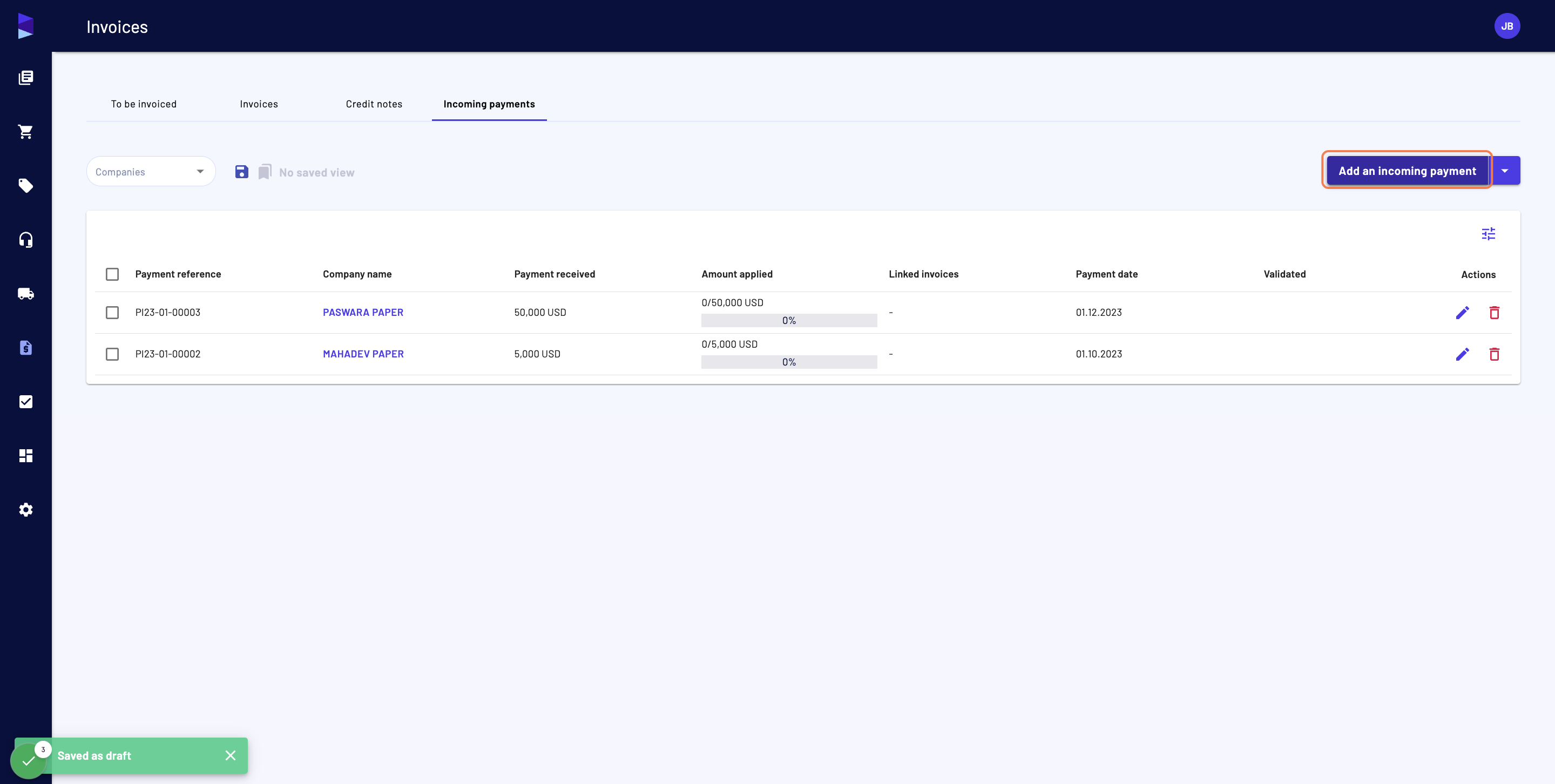 And then on "Add an incoming payment"
