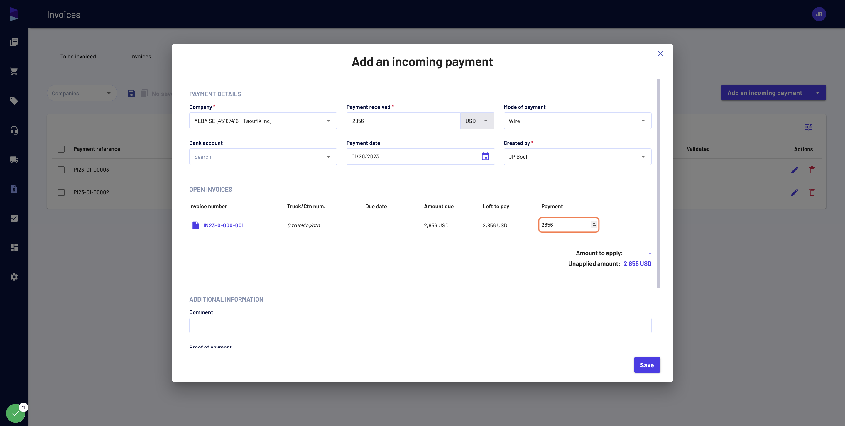 Then apply the amount for the respective open invoice we display