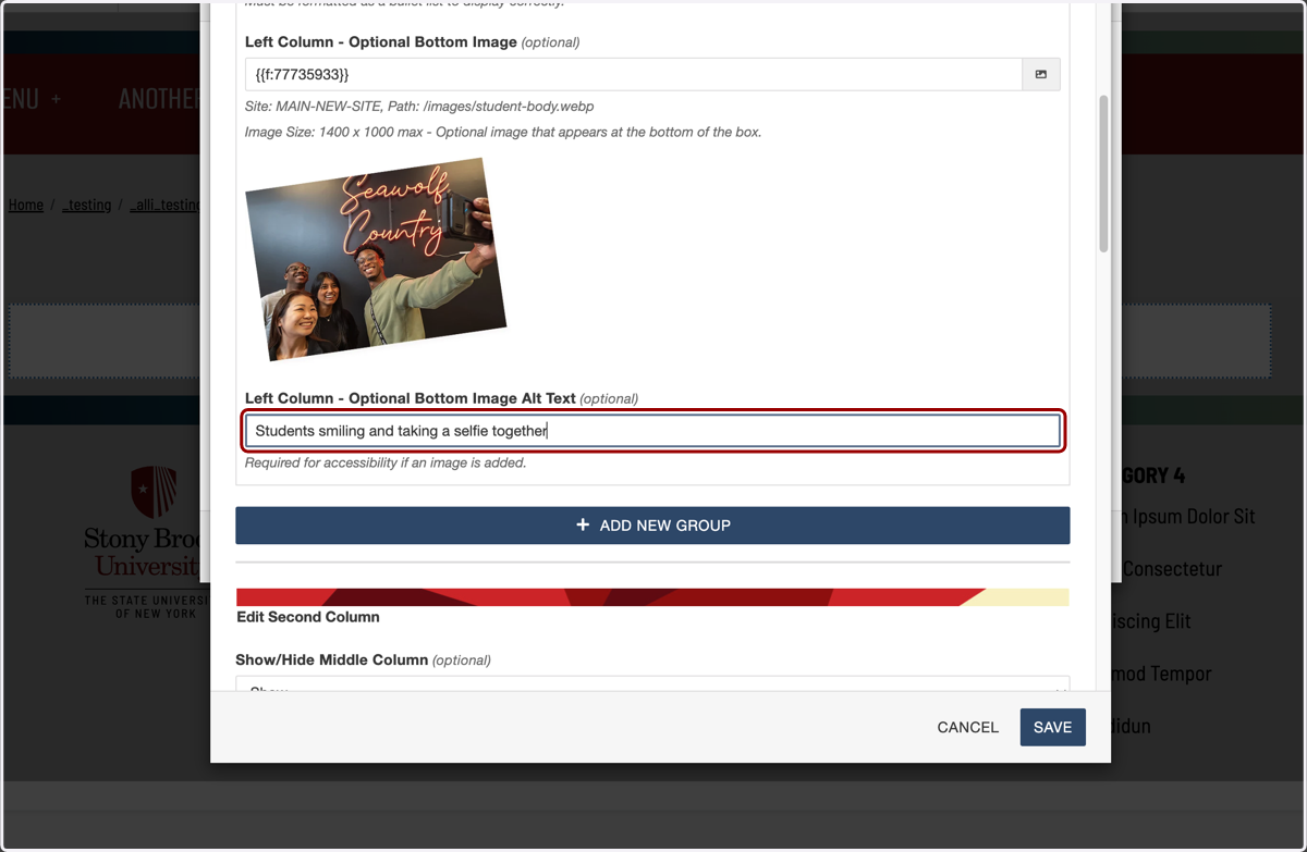 Image settings showing the Alt Text field highlighted, with example alt text entered.