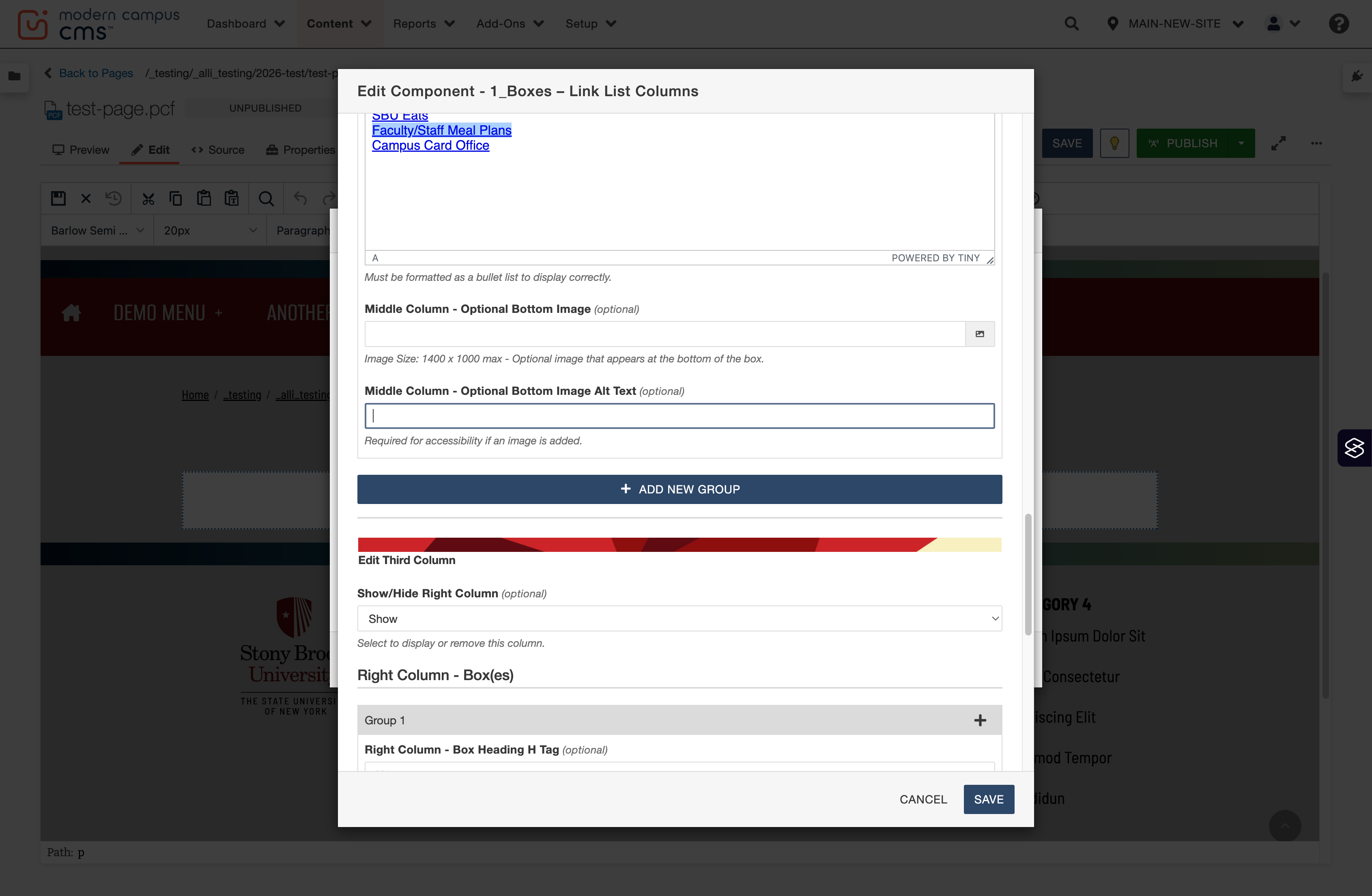 Third column configuration area shown, ready to repeat the same link group setup steps.