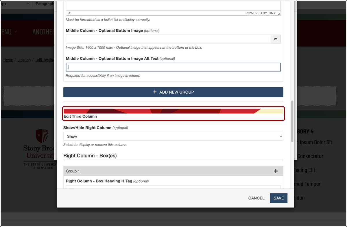 Third column configuration area shown, ready to repeat the same link group setup steps.