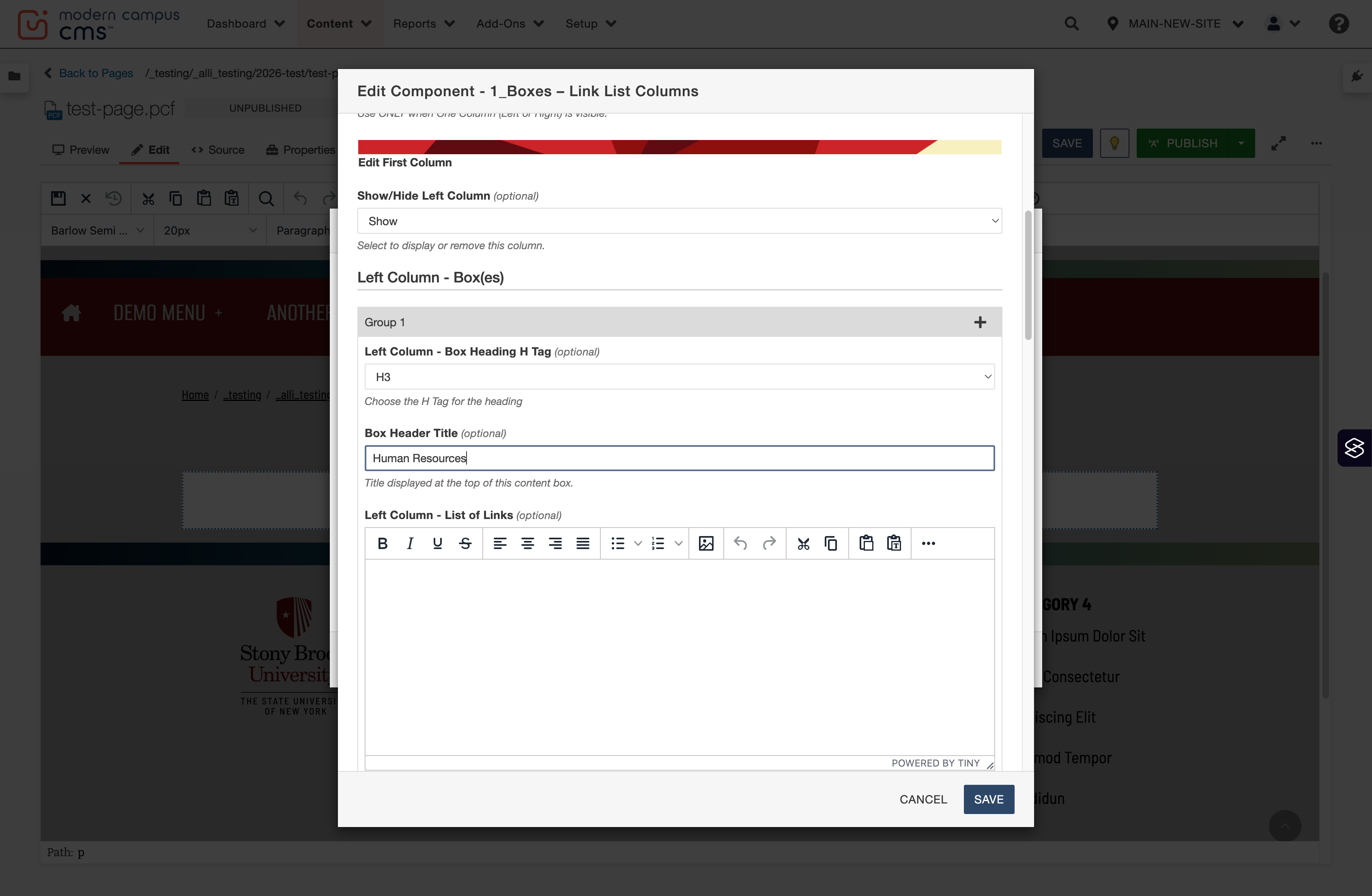 First column link group heading field populated with the title “Human Resources”.