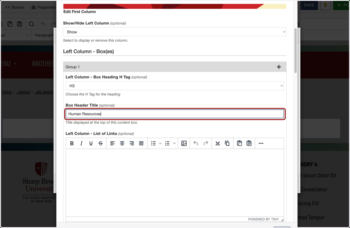 First column link group heading field populated with the title “Human Resources”.