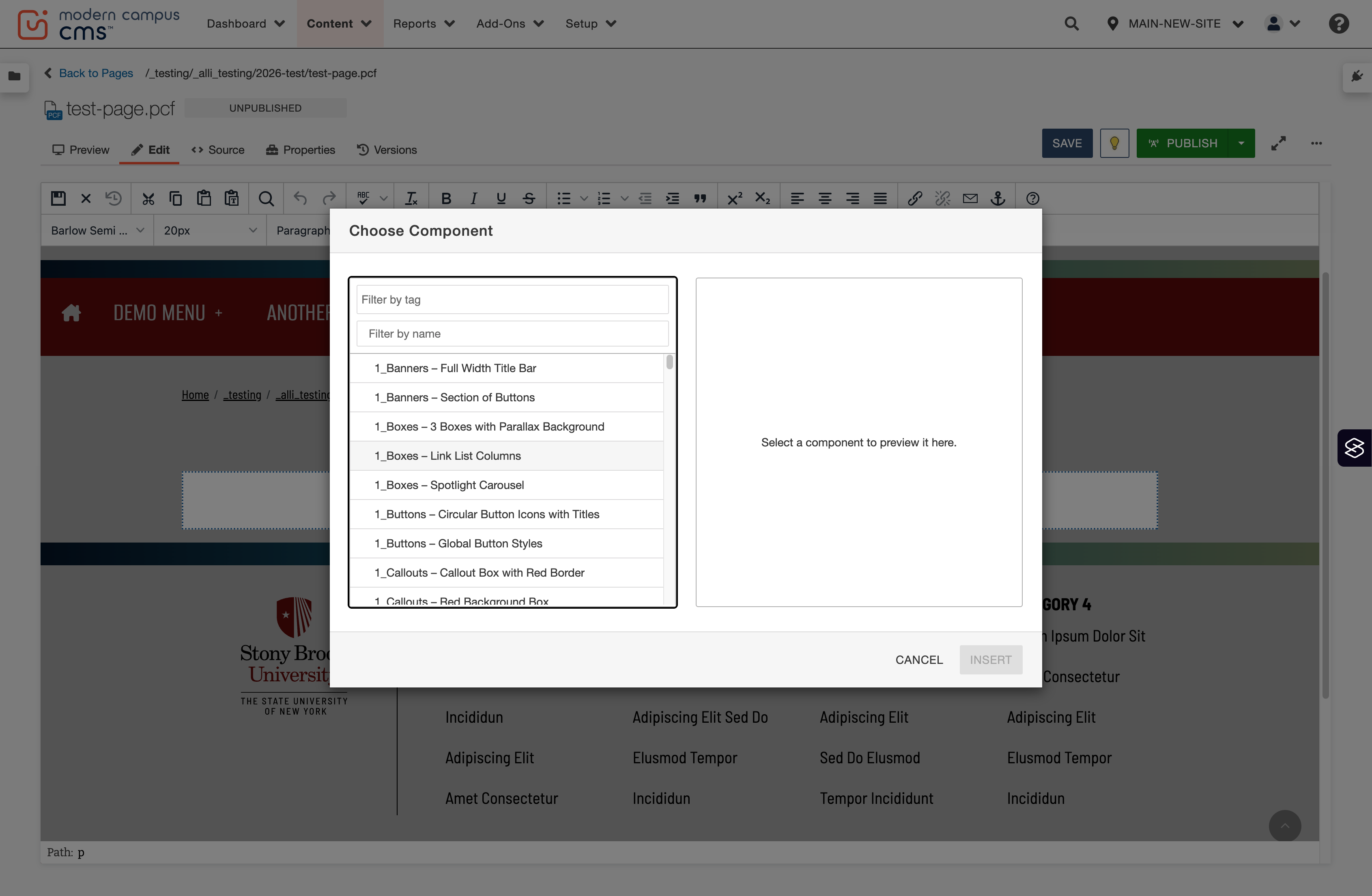 Insert Component panel showing the component list with “1_Boxes – Link List Columns” highlighted.