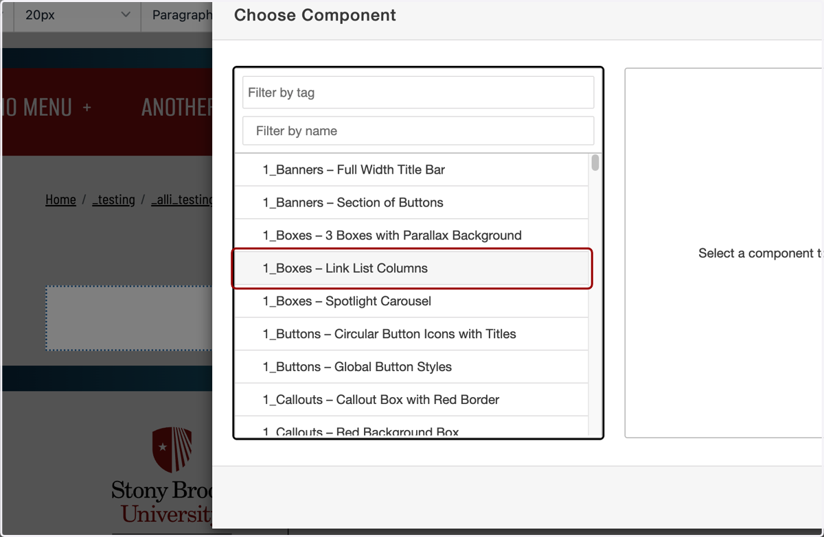 Insert Component panel showing the component list with “1_Boxes – Link List Columns” highlighted.