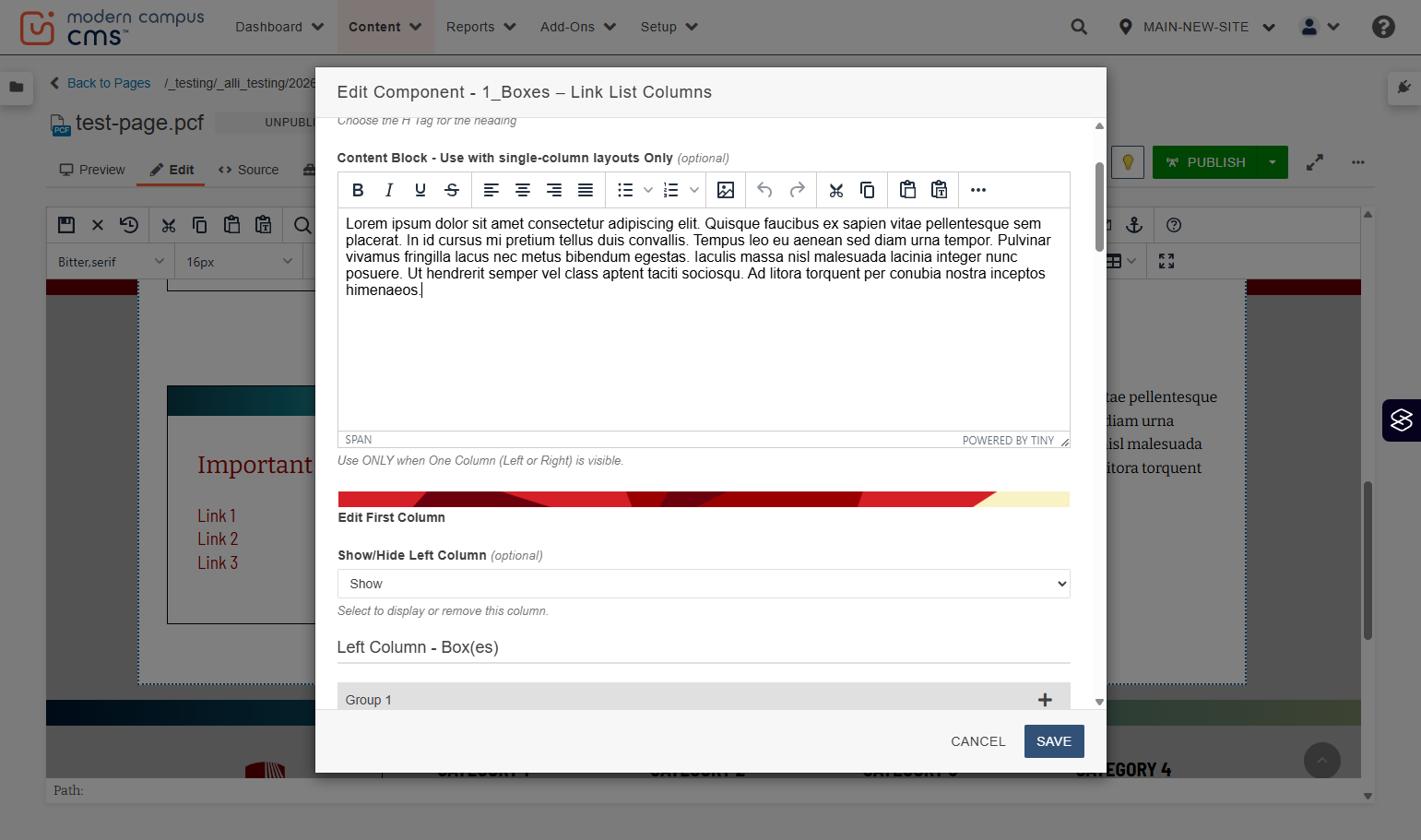 WYSIWYG editor field highlighted for entering the side content used with the single-column content block layout.