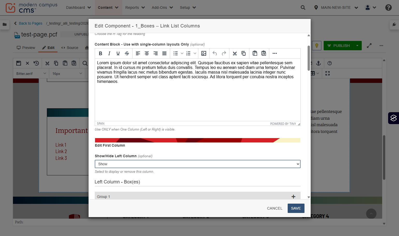 Show/Hide controls highlighted for displaying only the left or right link column in a single-column layout.