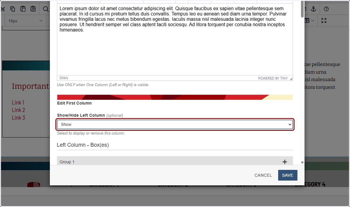 Show/Hide controls highlighted for displaying only the left or right link column in a single-column layout.