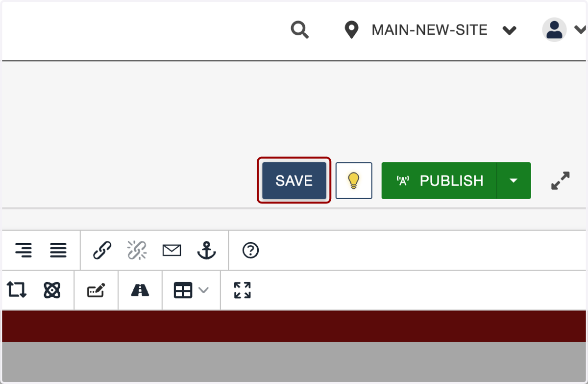Editor header area with the main Save button highlighted for saving the page.
