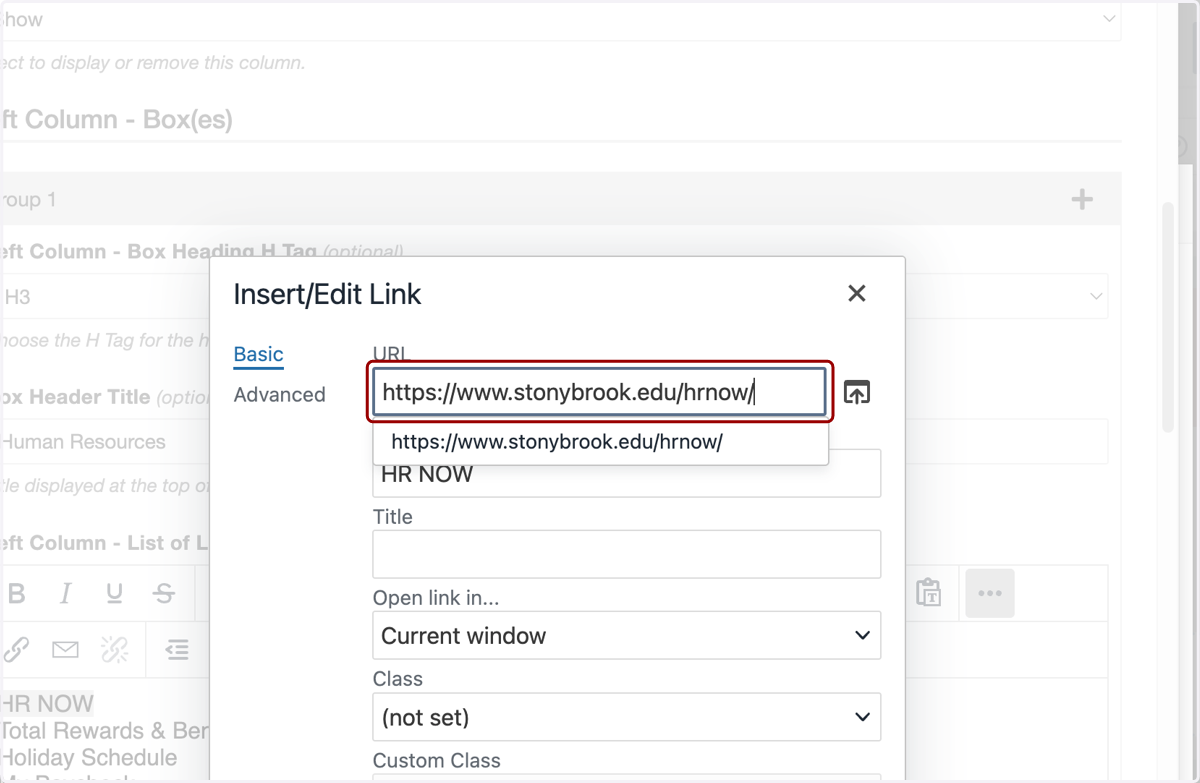 Insert/Edit Link window with the URL field filled in (example: stonybrook.edu/hrnow).