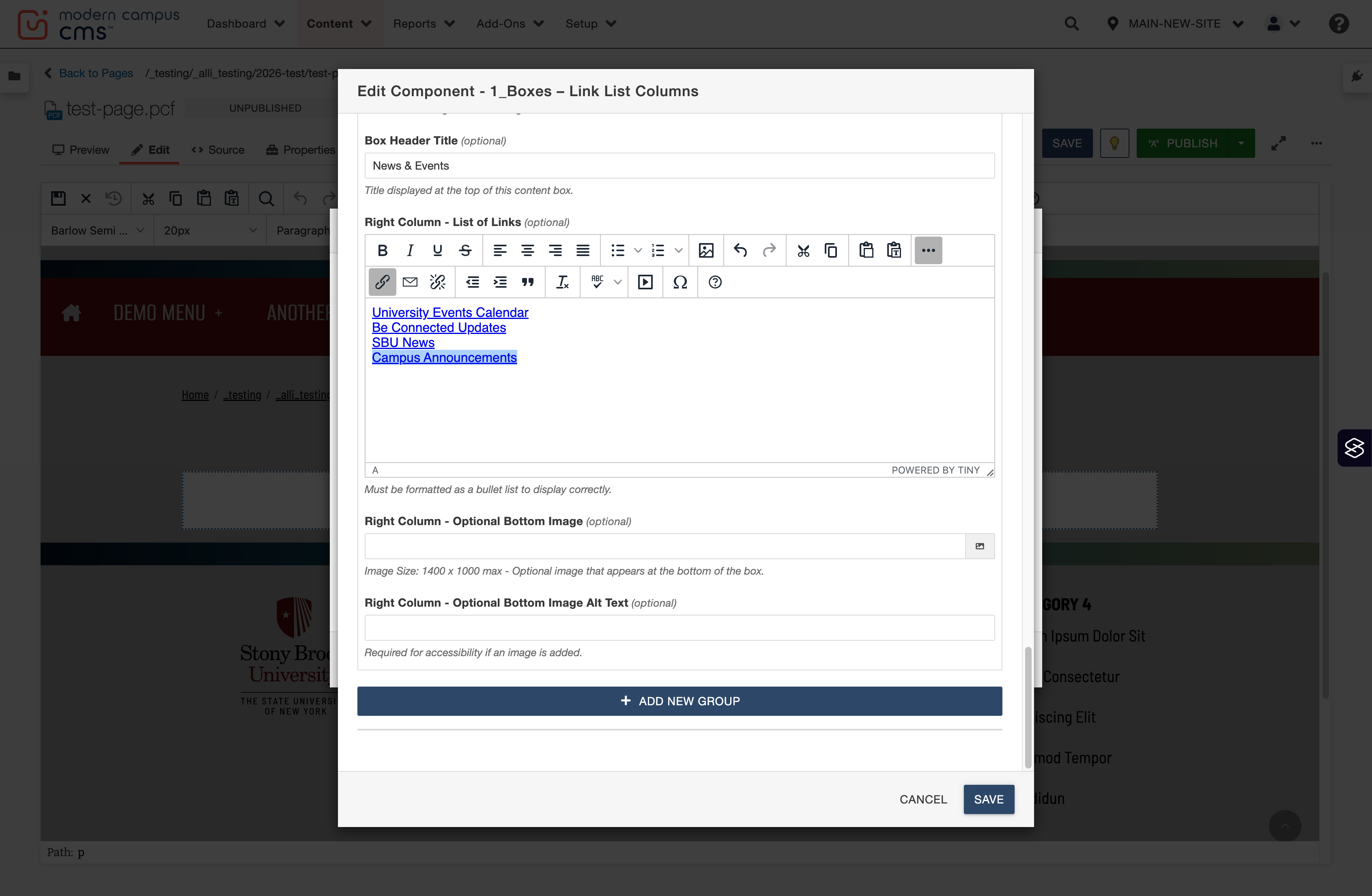 Page editor toolbar with the Save button highlighted to save the component configuration.