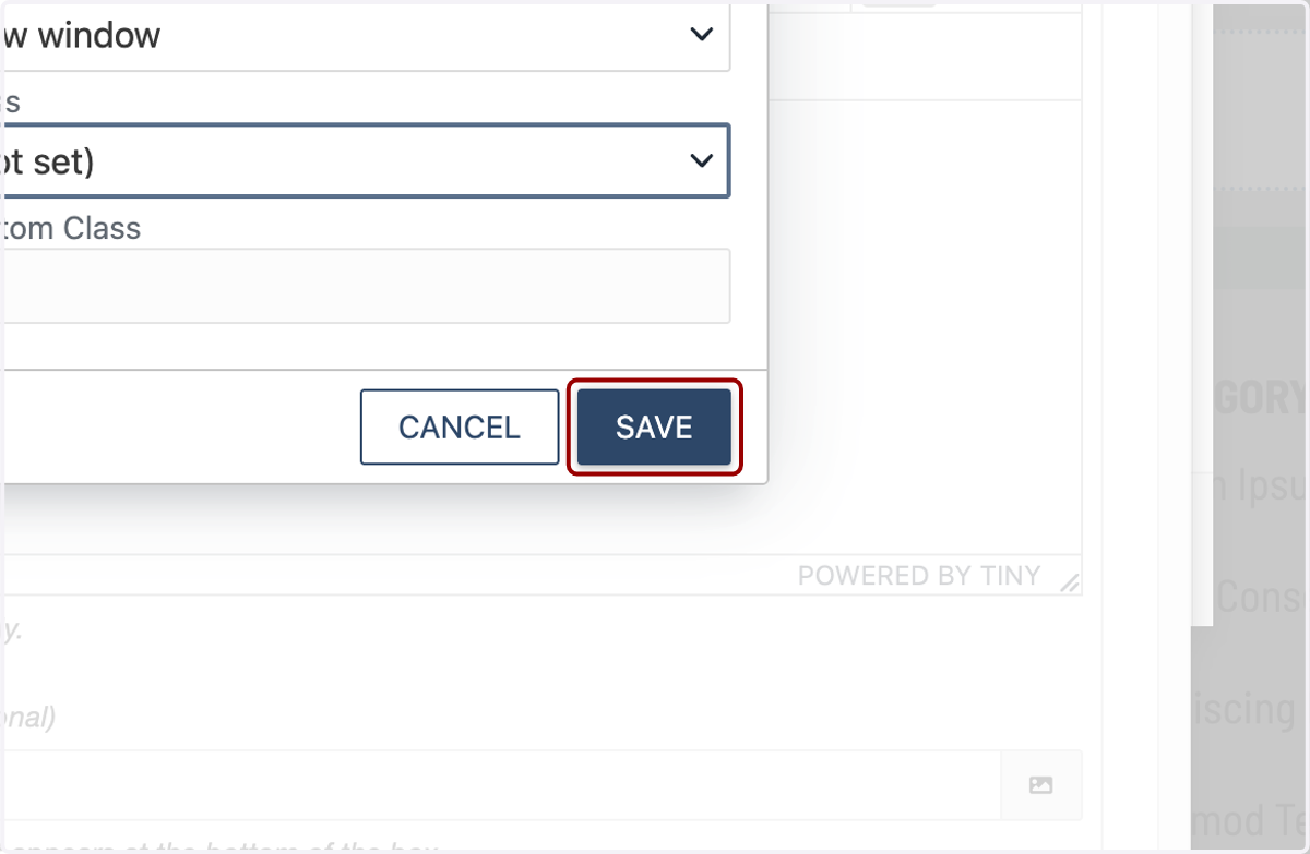 Insert/Edit Link window with the Save button highlighted to apply the link.