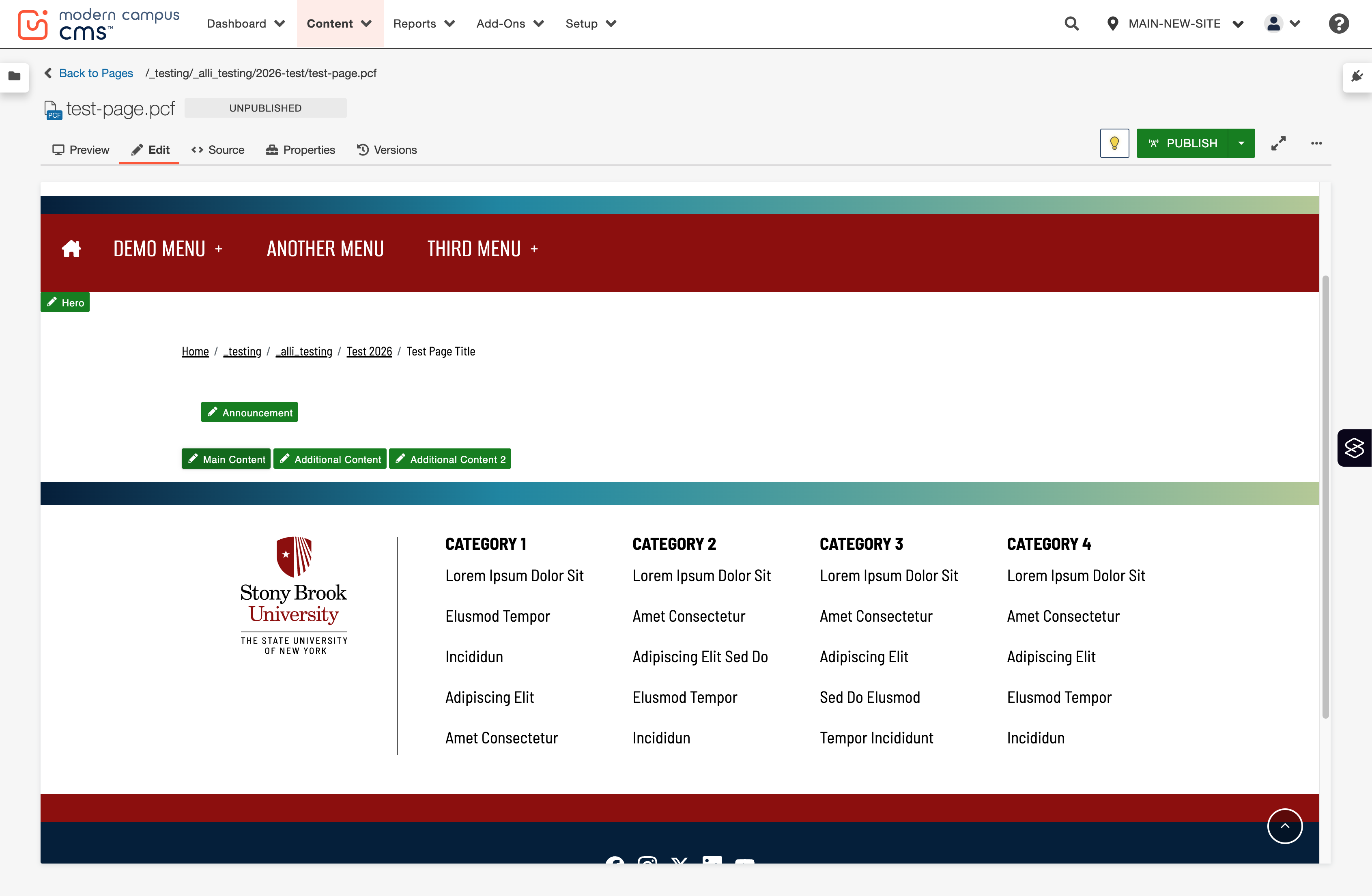 Modern Campus page editor with the Main Content region highlighted as the insertion point for a component.