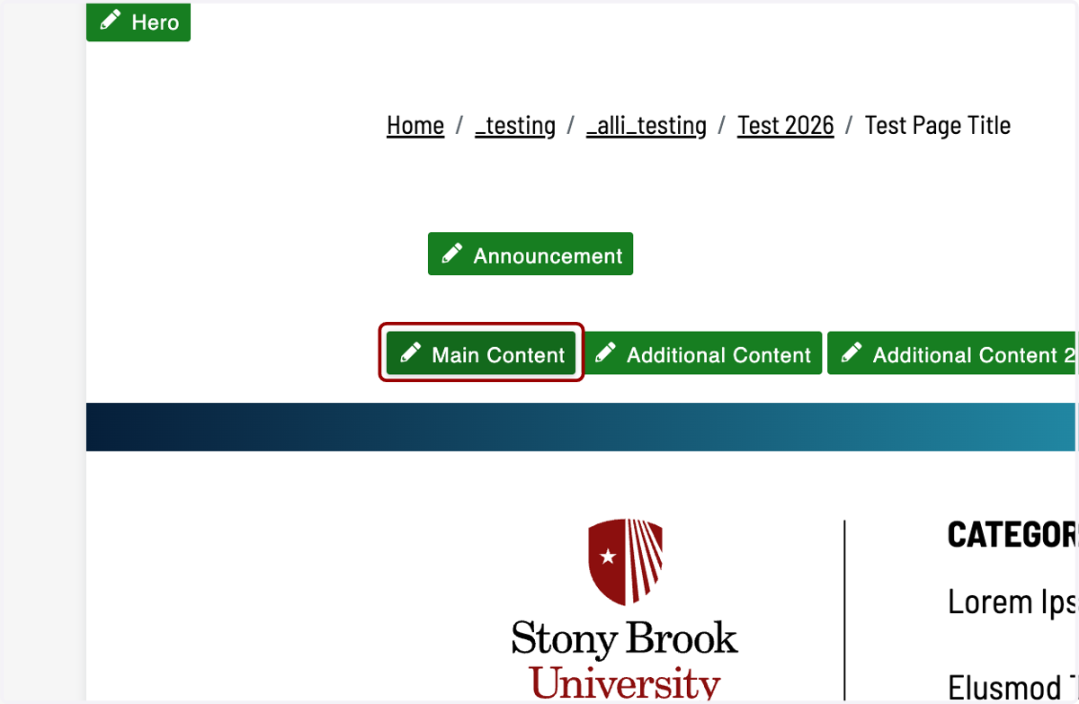 Modern Campus page editor with the Main Content region highlighted as the insertion point for a component.
