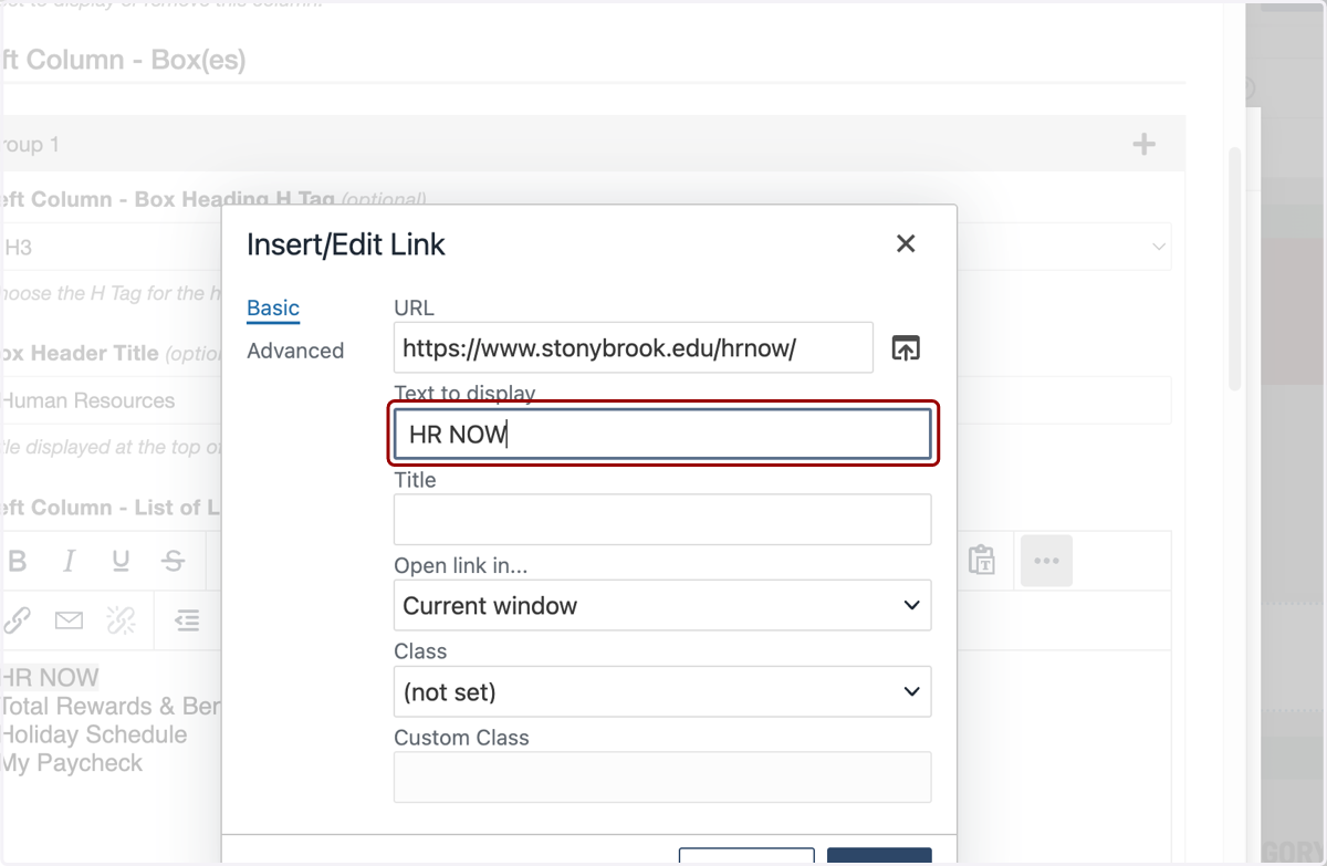 Insert/Edit Link window showing the Text to display field for editing the link label.