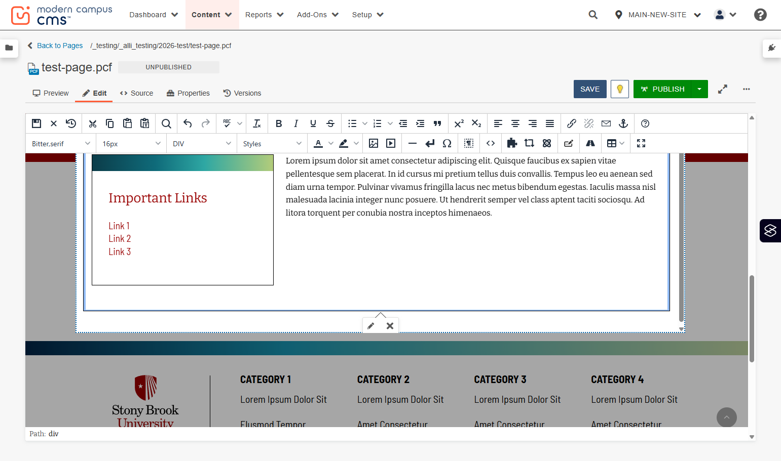Layout selector highlighted for “Content Block - Use with single-column layouts only,” with a WYSIWYG content area shown.