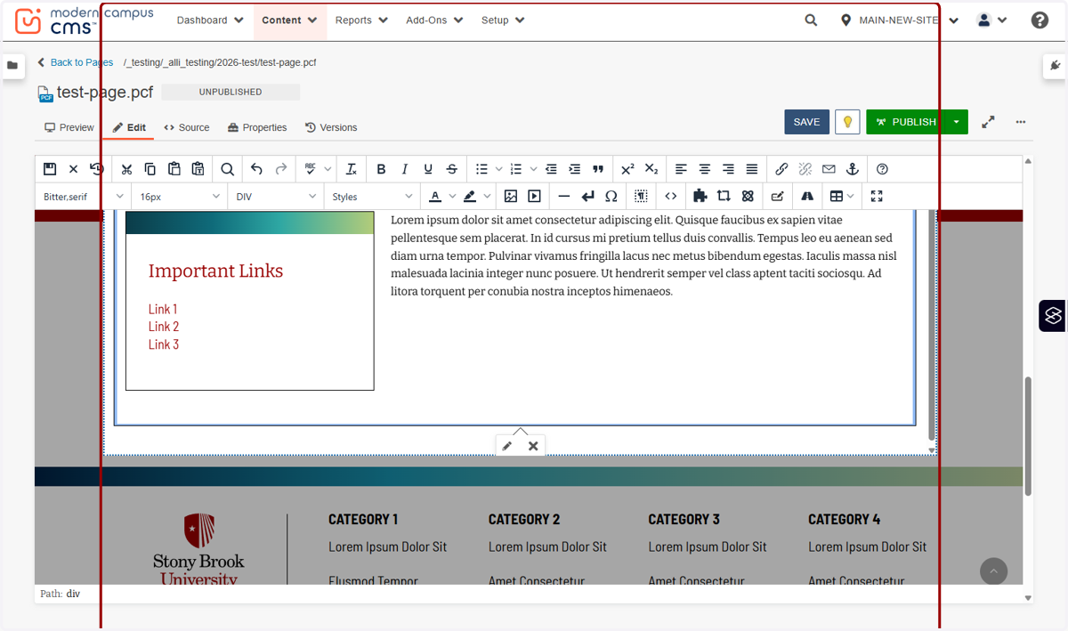 Layout selector highlighted for “Content Block - Use with single-column layouts only,” with a WYSIWYG content area shown.