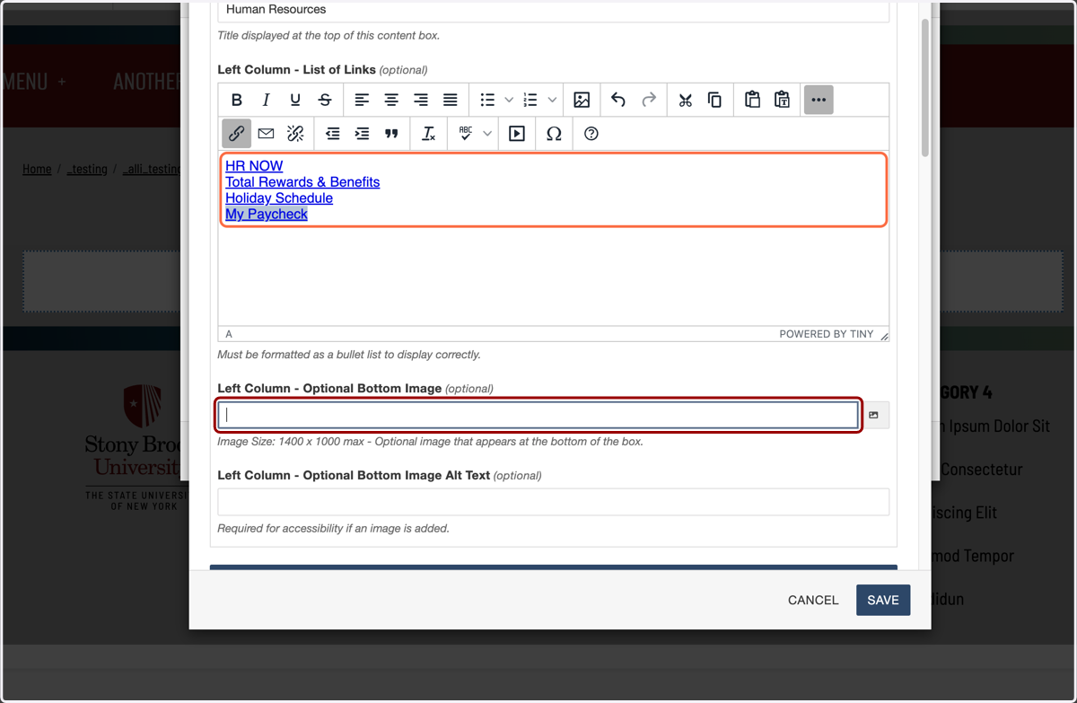 Image option field shown for adding an optional image at the bottom of the link list.
