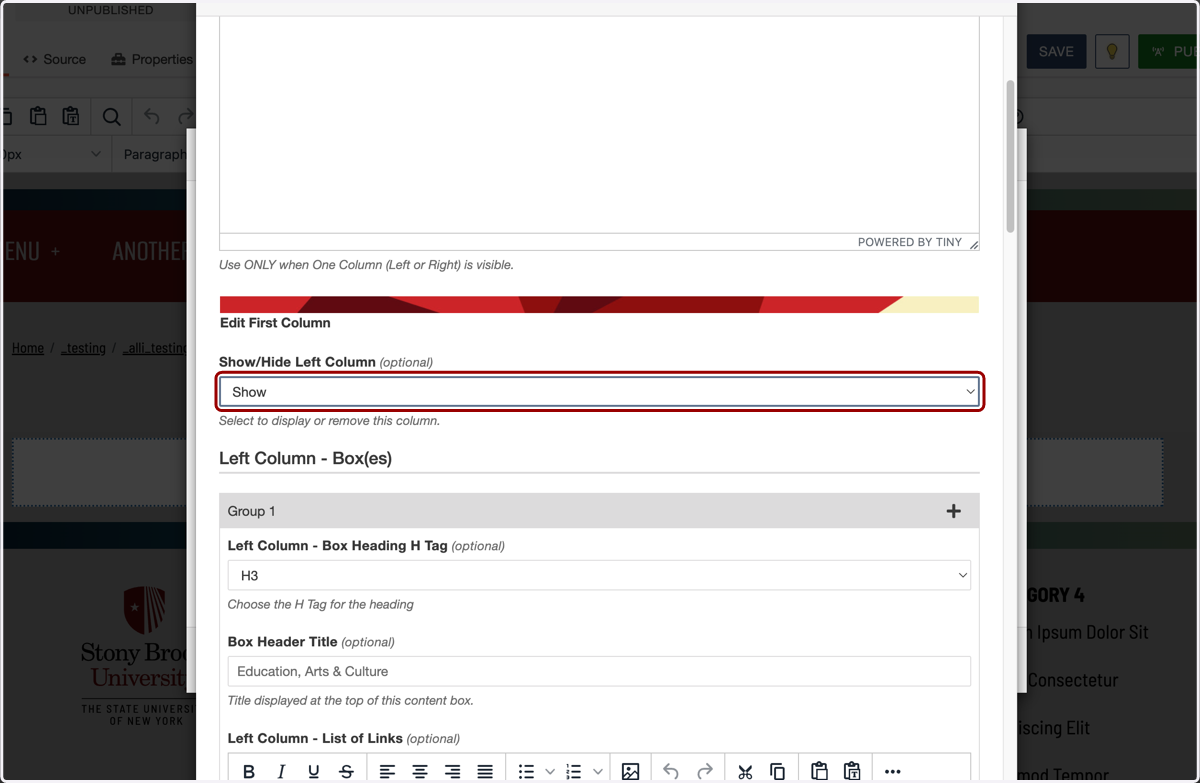Edit First Column section shown with the Show/Hide Left Column setting highlighted.
