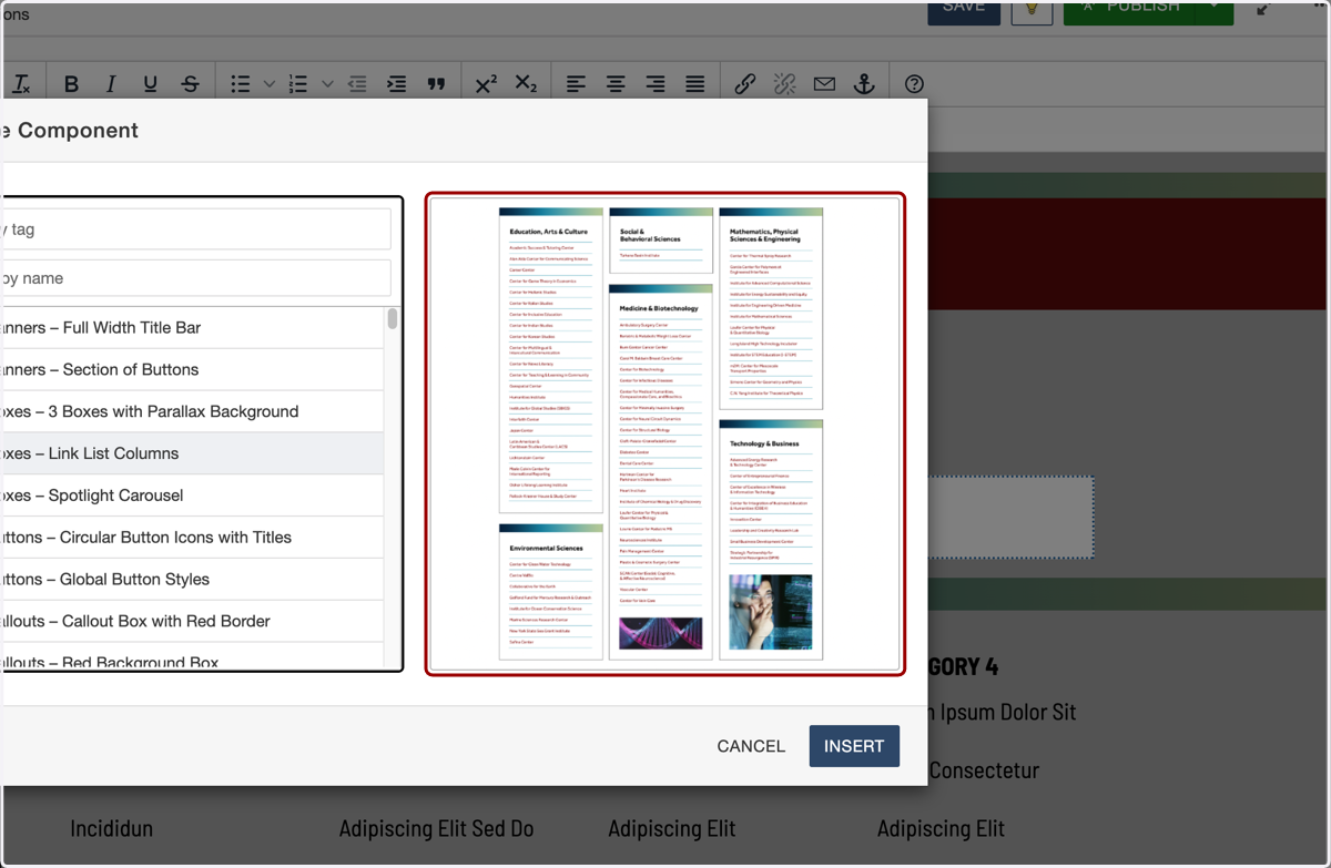 Component preview pane on the right showing a link list columns layout preview.