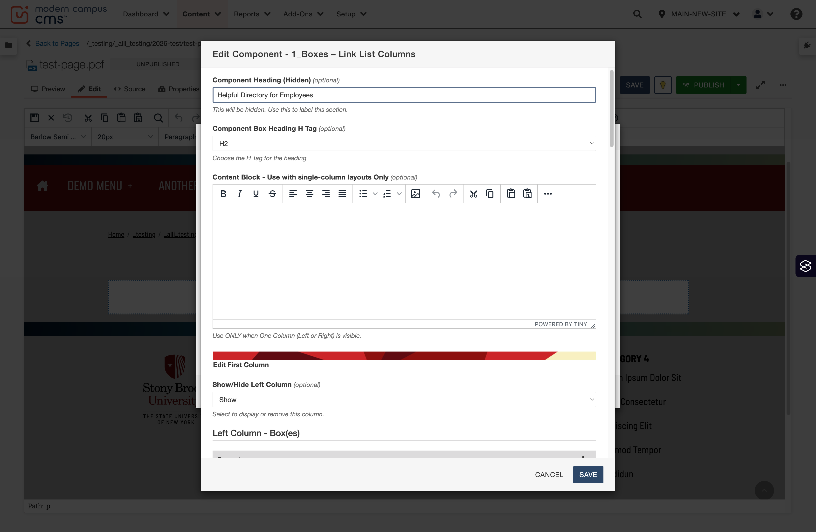 Component Heading field populated with the text “Helpful Directory for Employees”.