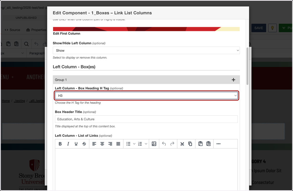 First column section heading fields shown, including the heading level selector for the link group (H3).