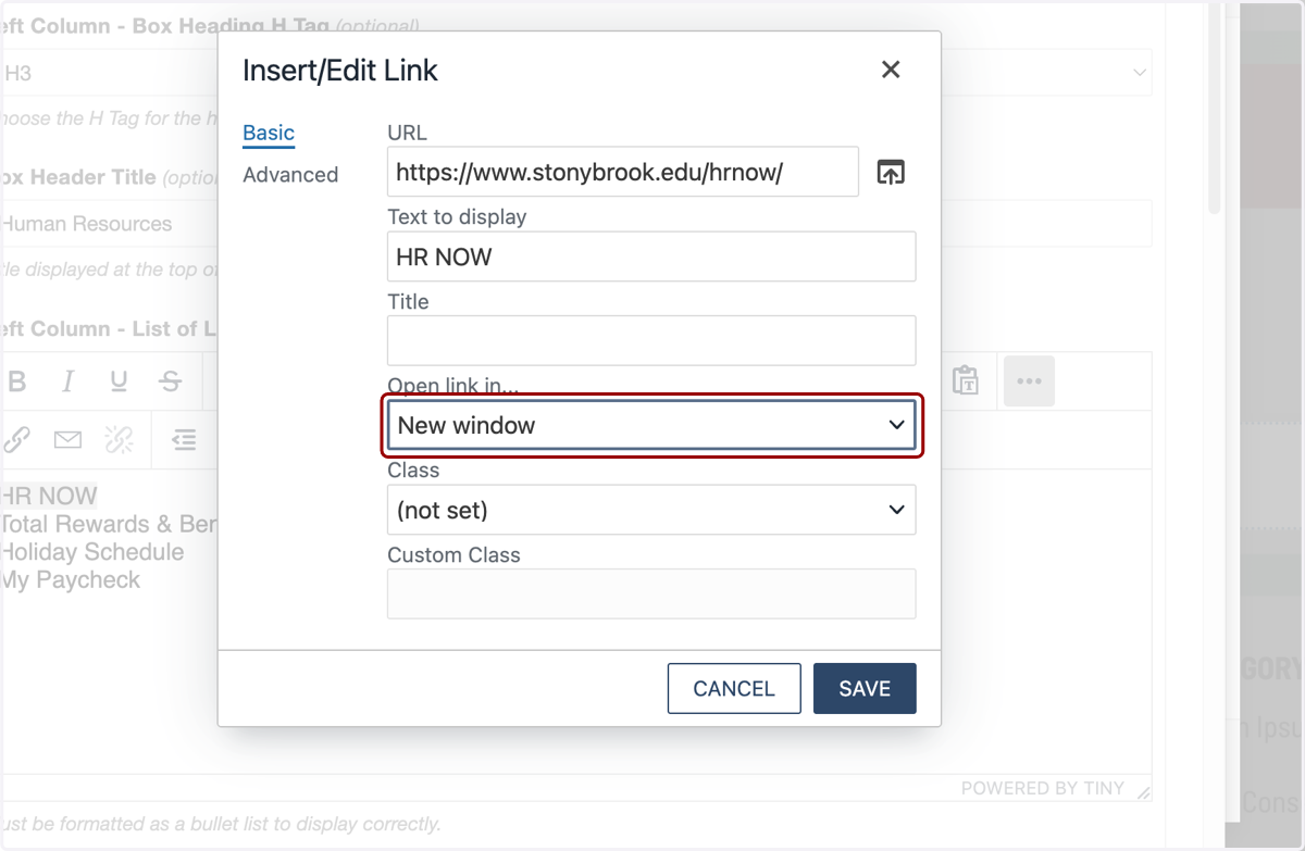 Insert/Edit Link window showing the Target dropdown for choosing Same Window or New Window.